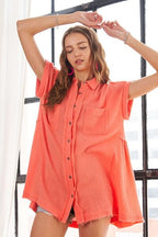 ADORA Shirt Cotton Raw Hem Collared Neck Button Down Coral Top f4407caf-2398-4351-96d8-ec43ce2c4ce3-Min Trendsi