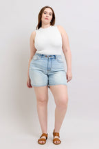Judy Blue Denim Shorts 2 Buttons with Pockets Light Wash Plus Sizes f451c82d-d096-40e1-888a-87db32348dbf-Max Trendsi