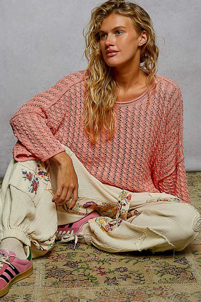 POL Cropped Sweater oral Orange Cable-Knit Openwork Round Neck Top f451eac9-df81-4e65-b1a9-d512eaa7a54a-Max-Origin Trendsi