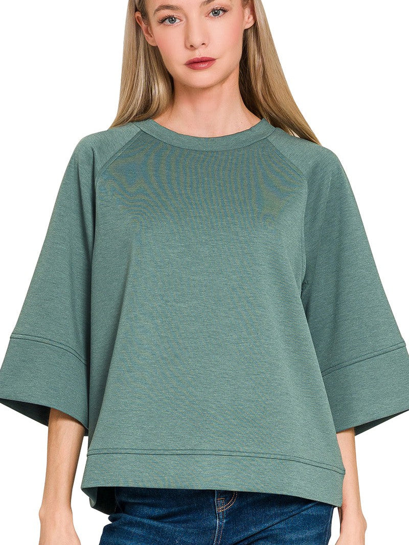 Zenana Scuba Pullover with 3/4 Bell Sleeves