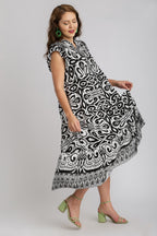 Umgee Midi Dress Floral Black Two Tone Border Print Ruffle Cap Short Sleeve f45c9ae5-4c12-44d2-abf7-ccdc310948f9-Max Trendsi
