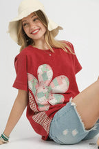 Umgee T-shirt Red Flower Patch Mineral Wash French Terry Top Short Sleeve f4656153-6e5d-416d-ba17-b5f7f37a911a-Max-Origin Trendsi