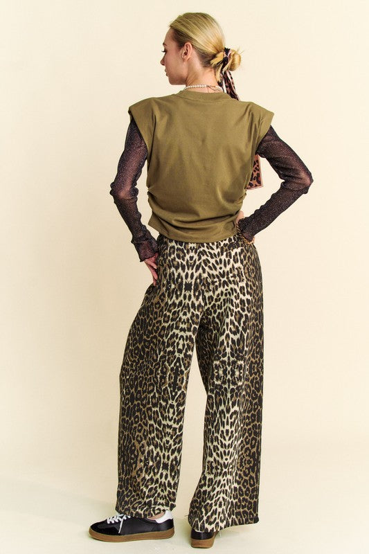 Davi & Dani USA Women Pants Leopard Wide Leg Elastic Waist Tied Pocketed