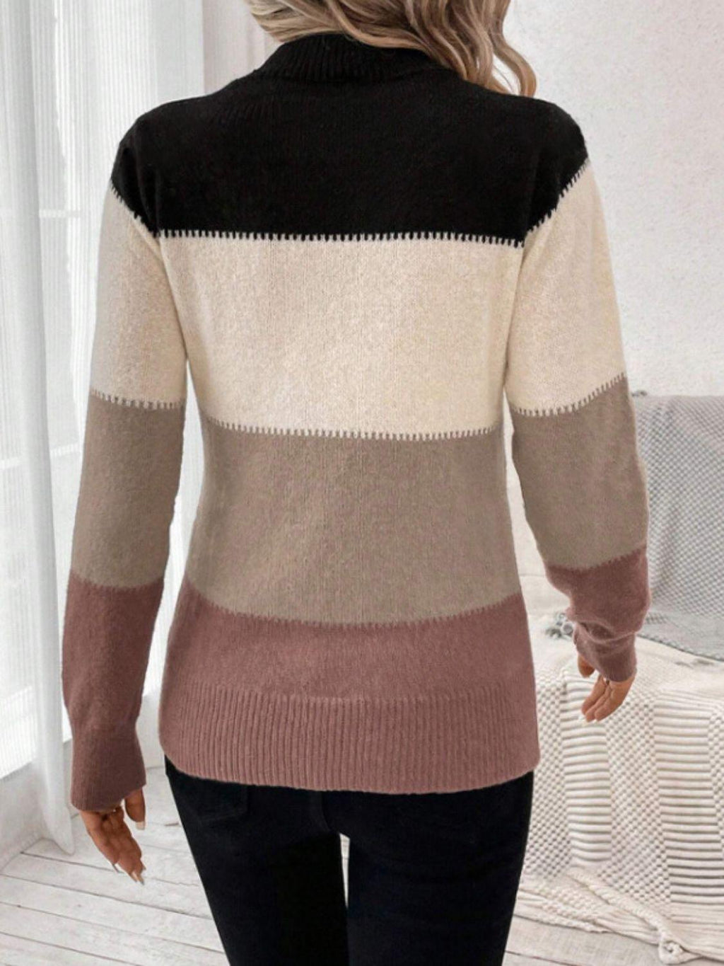 Striped Sweater Color Block Mock Neck Long Sleeve Soft Knitwear f472dce6-fe41-44b5-86f9-ab064a7e2660-Max Trendsi