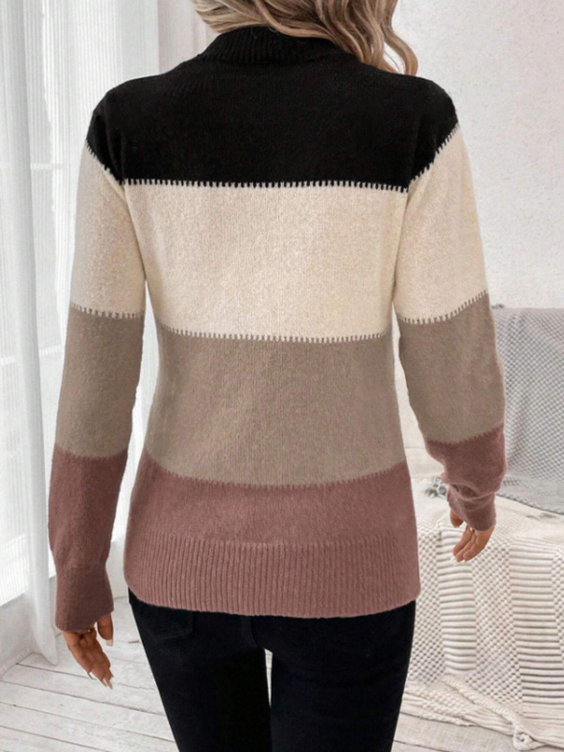 Striped Sweater Color Block Mock Neck Long Sleeve Soft Knitwear f472dce6-fe41-44b5-86f9-ab064a7e2660-Max Trendsi