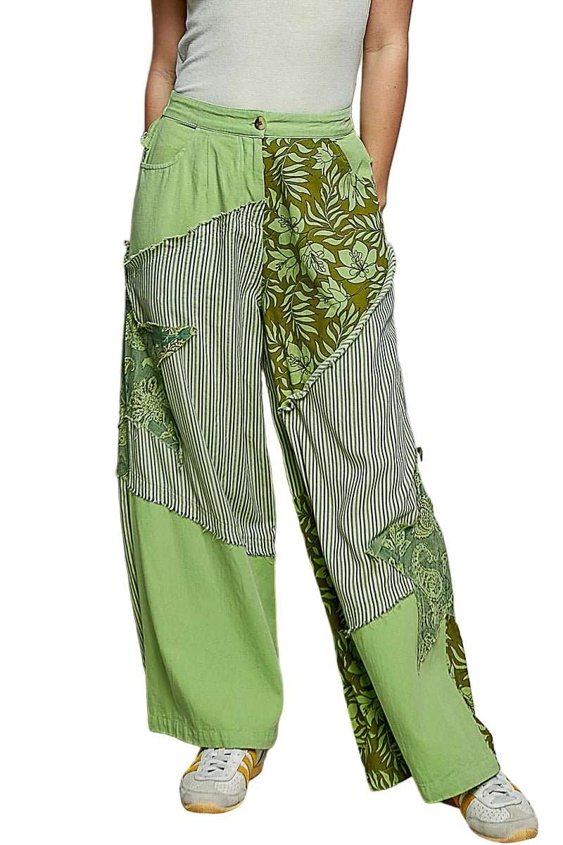POL Striped Floral Patchwork Wide-Leg Pants with Large Side Star Patch