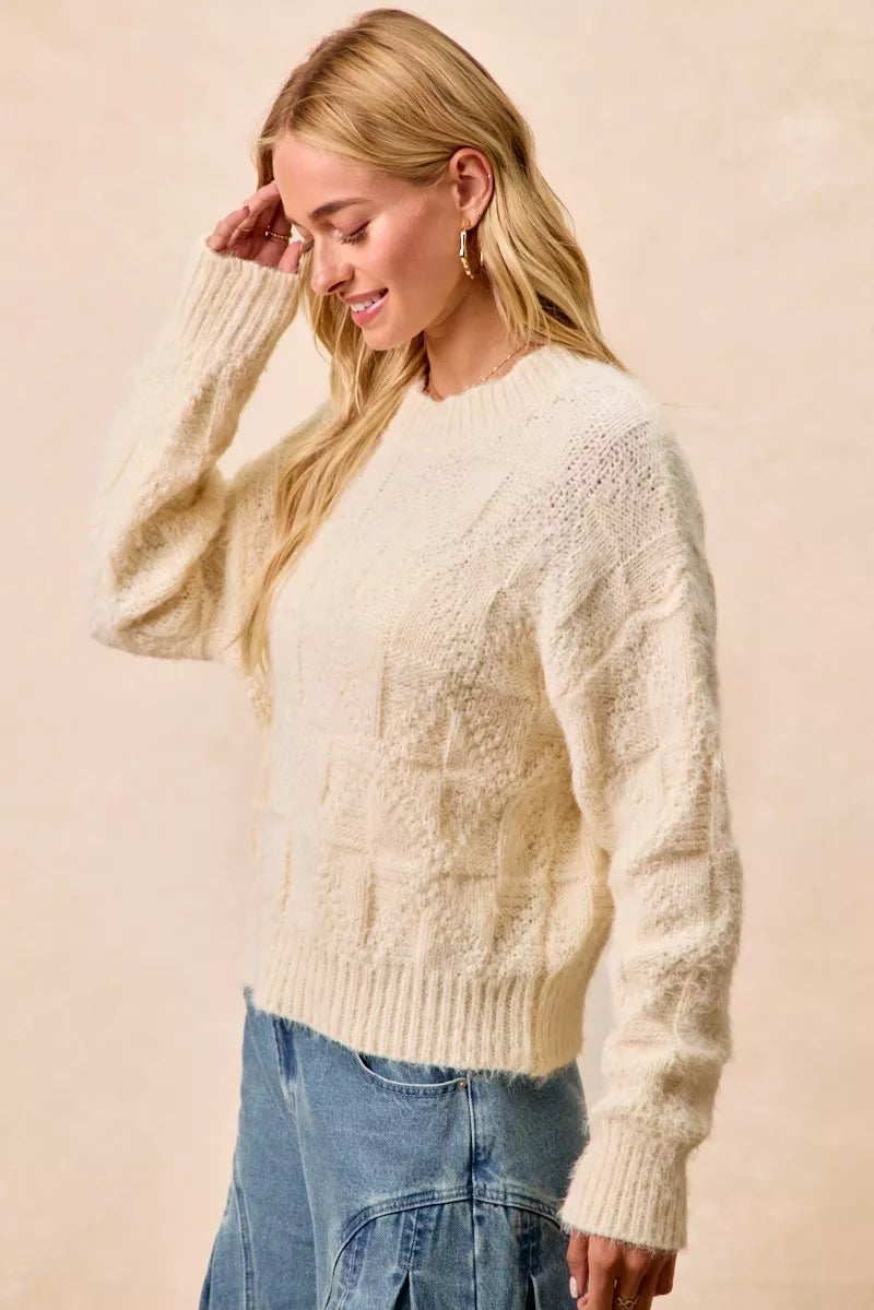 BiBi Womens Sweater Checker Ivory Board Drop Shoulder Knit Pullover f485d9cc33c74f3cafb885e4a09761b8-Max-Origin Trendsi