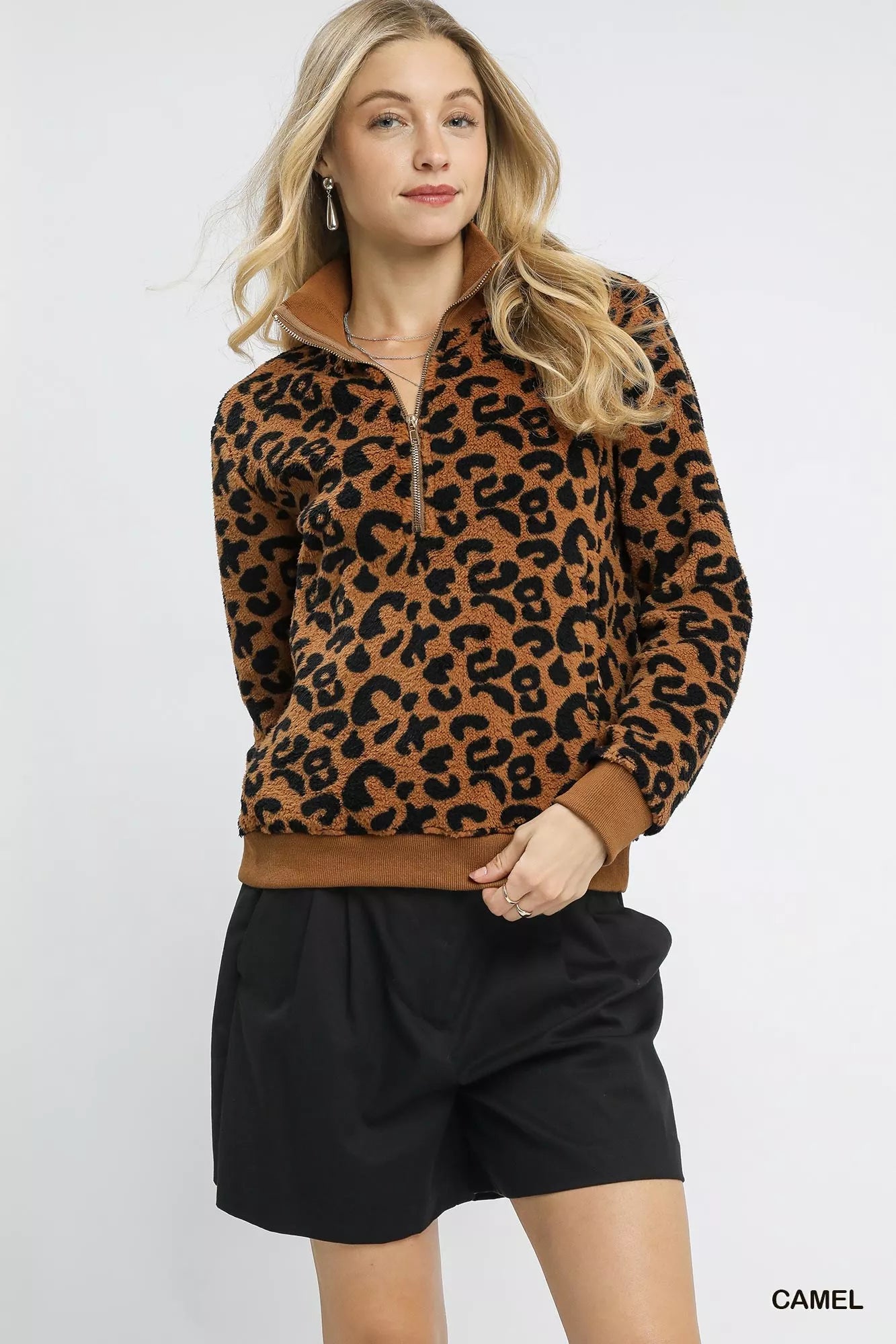 Umgee Leopard Print Sweatshirt Women's Quarter-Zip Collared Soft Top f4889f7d-2eef-432e-9e6c-f79354c9eb79-Max-Origin Trendsi