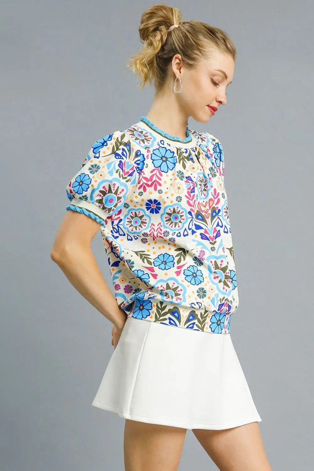 Umgee Blouse Pastel Blue Floral Retro Printed Puff Short Sleeve Top f48ad533-9552-4f5a-8b9d-4fef4f842580-Max-Origin Trendsi