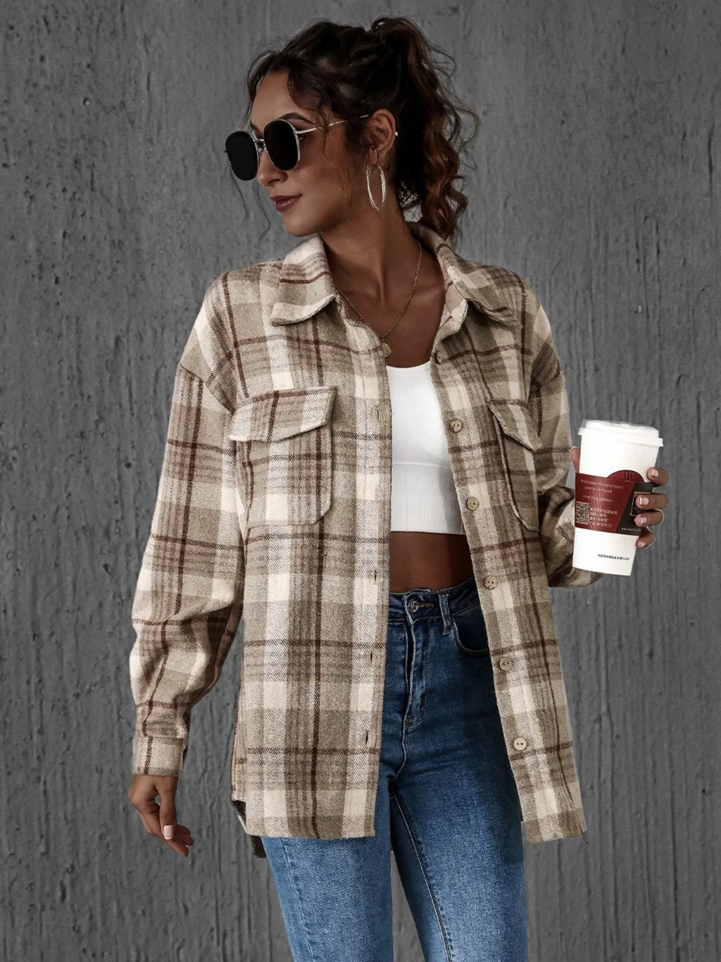 Women's Plaid Shirt Button-Up Long Sleeve Oversized Pocketed Top f48da4ff-4b5c-425c-b2fc-1909bcce6b67-Max-Origin Trendsi