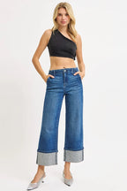 RISEN Women's Cuffed Jeans Ankle Wide Rhine Stone Dark Washed Denim f4a2c67a063541f1ba3bc76841500c48-Max-Origin Trendsi