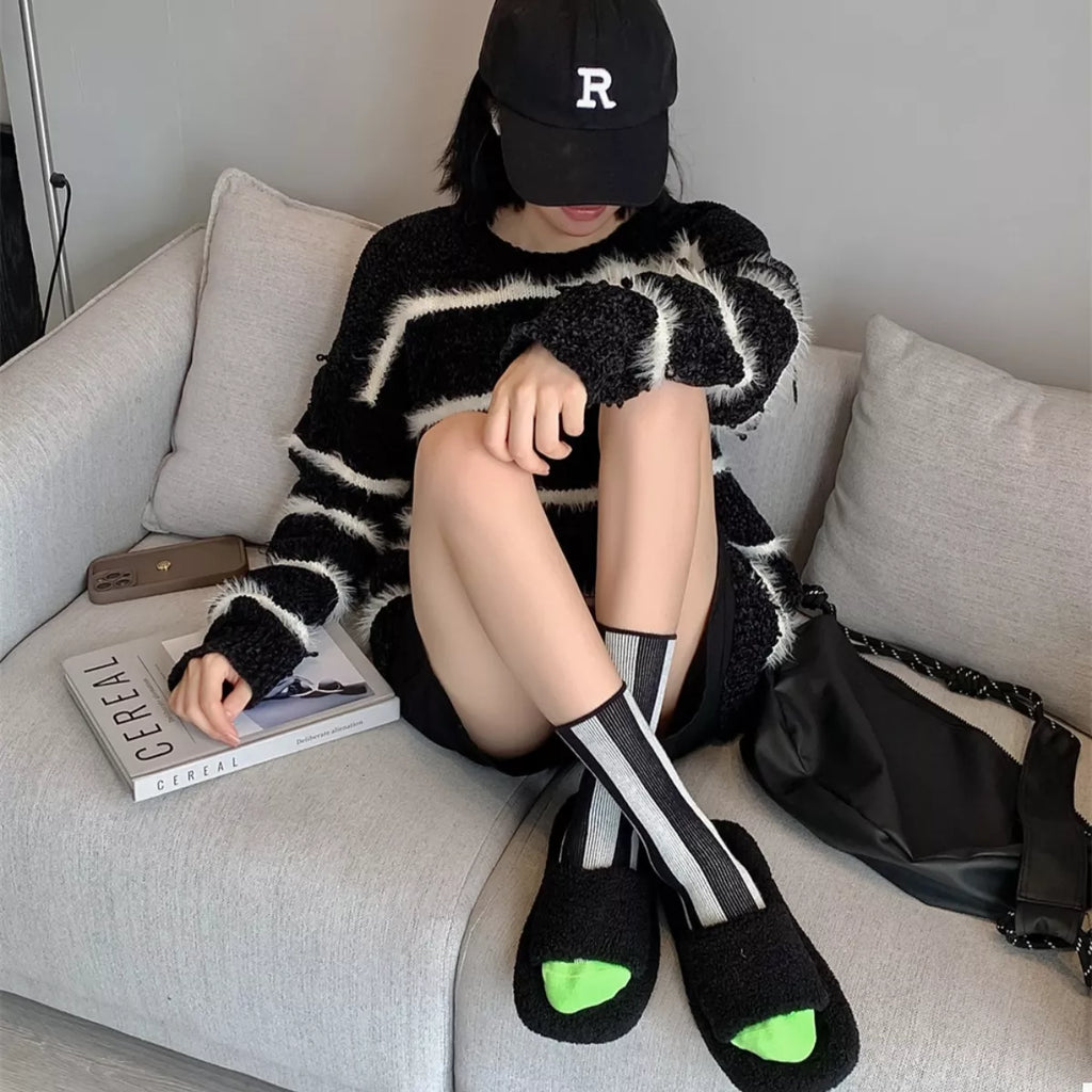 Women's Crew Socks Cotton Contrast Striped Accessories Black One Size f4ad2585-6470-4899-b83b-0b06b658c267-Max-Origin Trendsi