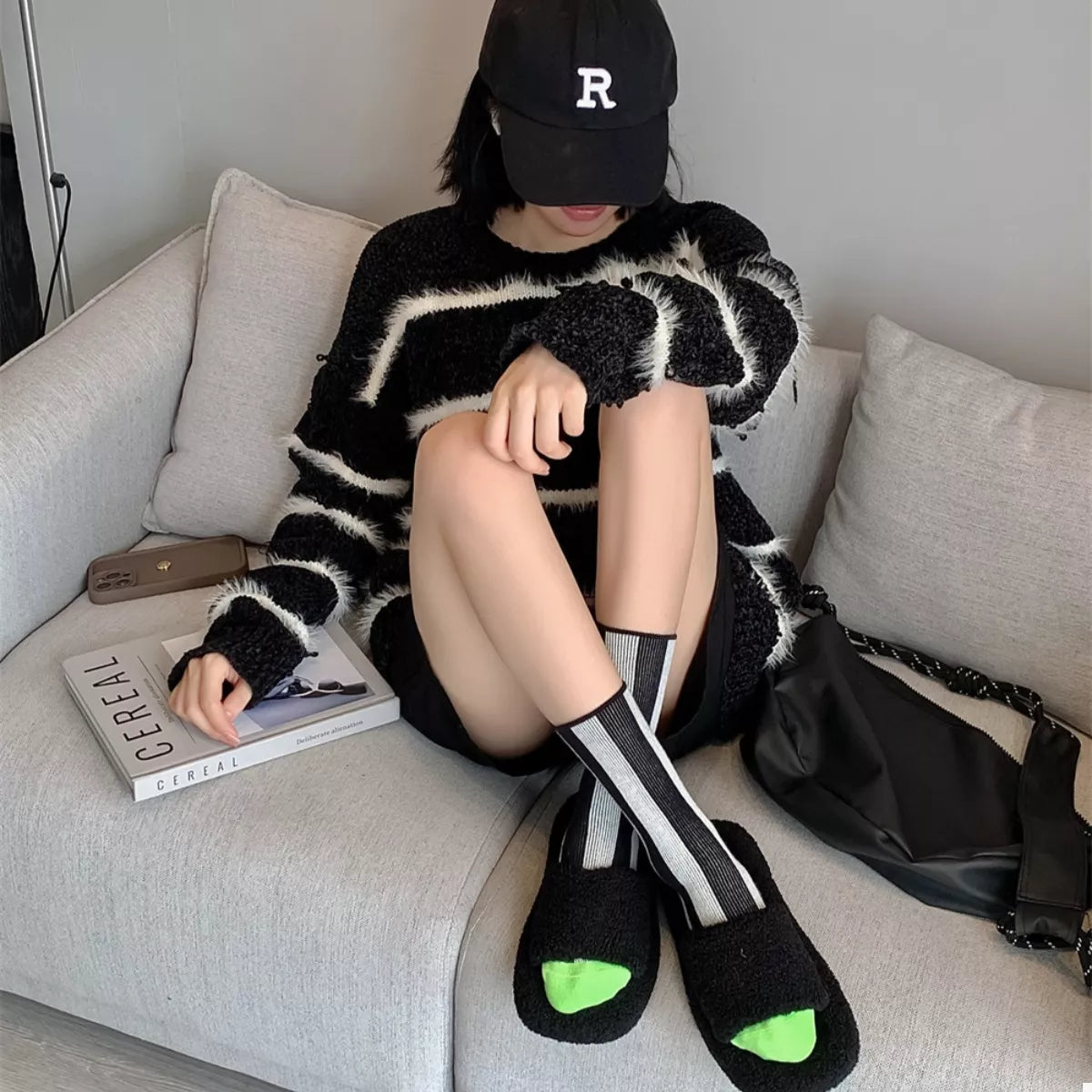 Women's Crew Socks Cotton Contrast Striped Accessories Black One Size f4ad2585-6470-4899-b83b-0b06b658c267-Max-Origin Trendsi