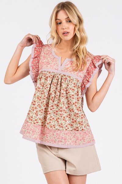 Mittoshop Floral Blouse Notched Ruffled Cap Short Sleeve Rose Pink f4b2011c-faf8-4acd-9c3b-30eb2bca1901-Min Trendsi