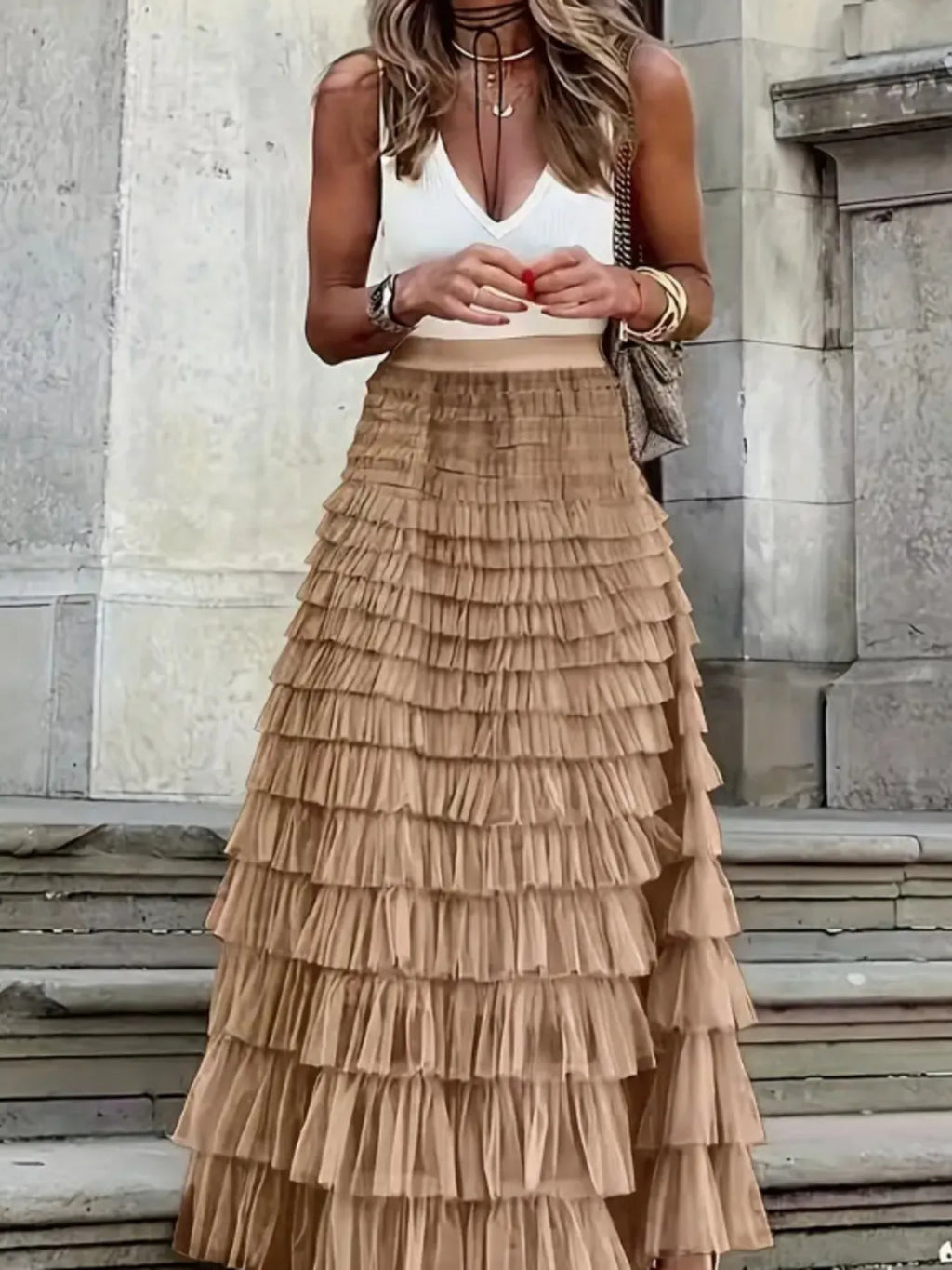 Ruffle Maxi Skirt Layered Mesh Tiered Elastic Waist f4b4aa783c5e4b198bbba596a9ee8853-Max-Origin Trendsi