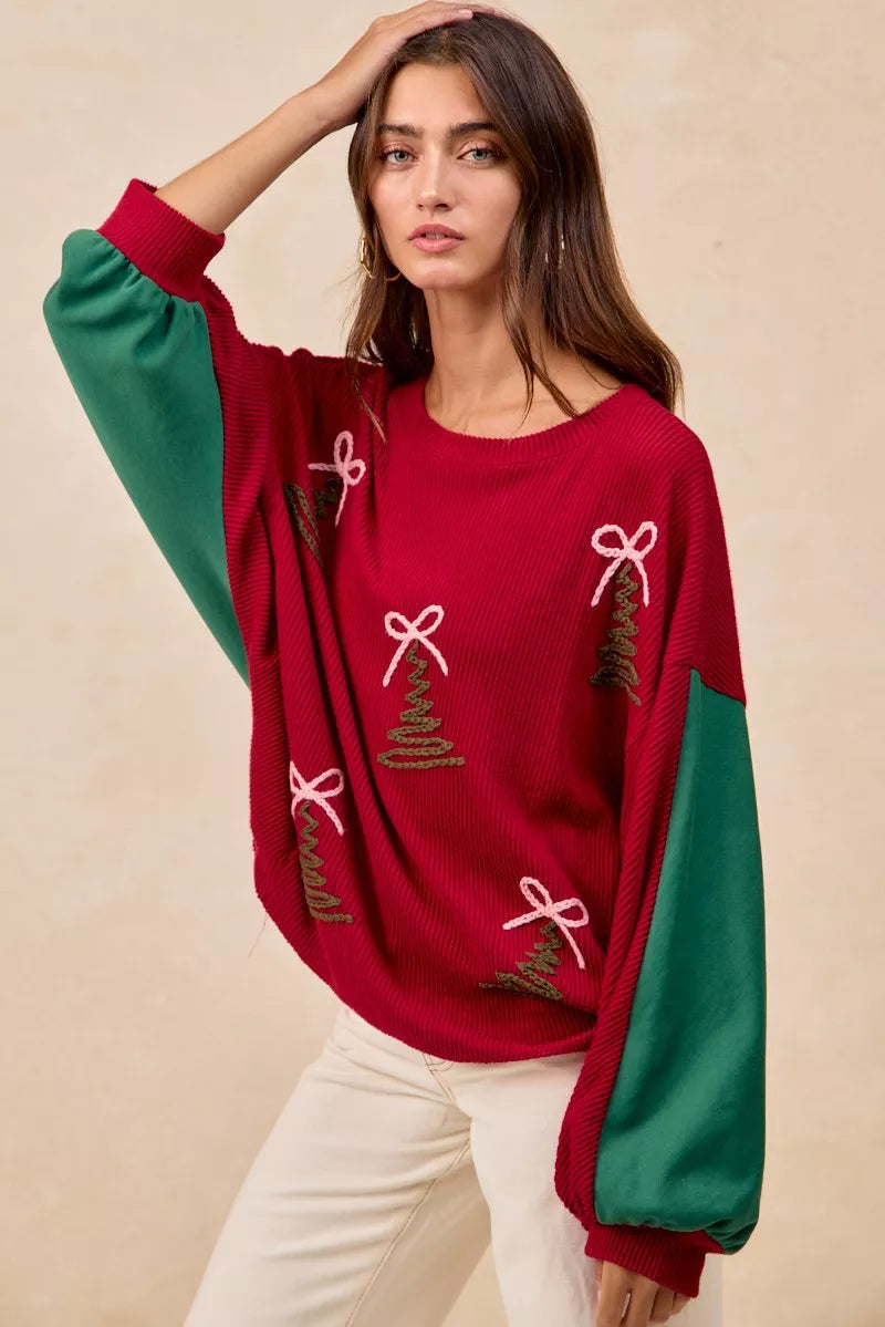 BiBi Womens Sweater Christmas Theme Tree Embroidered Red Pullover f4c03eb3023b44daaf1f7c745016da90-Max-Origin Trendsi