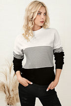 Women Knit Top Striped White Black Color Block Long Sleeve Pullover f4c097e2-99b2-4b91-b3de-e1bf231b074a-Max Trendsi