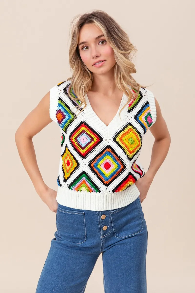 BiBi Sweater Vest Ivory Diamond Granny Multicolor Square Ribbed Knit Top f4ca8103514c4243b071540ecf1d07b1-Max-Origin Trendsi