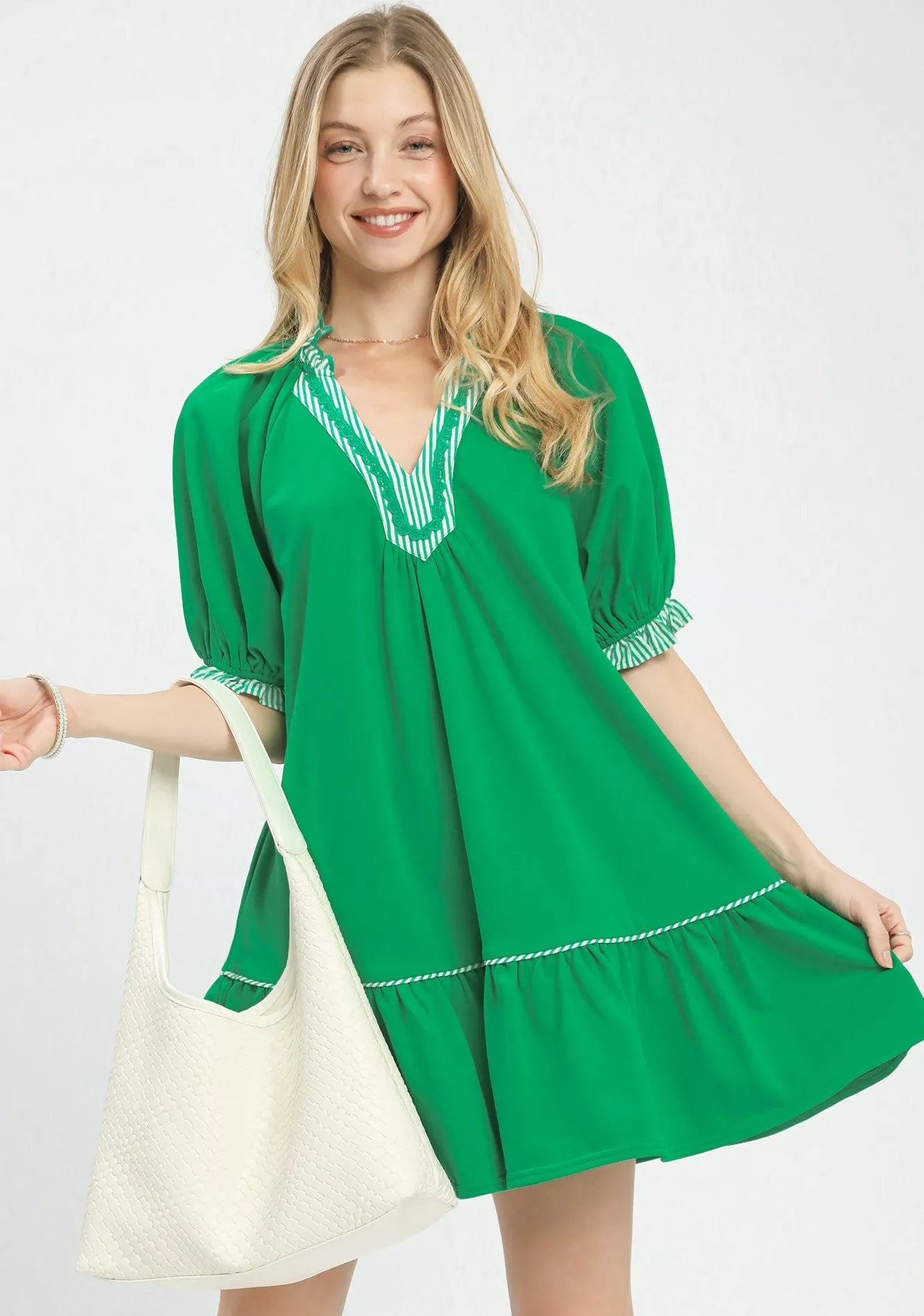 Umgee Mini Dress Green French Terry with Ruffled Striped Trim Short Sleeve GREEN f4ce0912-64f1-4ff6-a499-b0bcc140f9e8-Max-Origin Trendsi