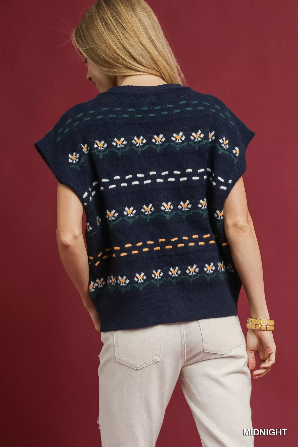 Umgee Womens Knit Vest with Floral Pattern Midnight Blue Buttoned Sweater f4d3610b-1768-4915-95ad-6f8a01865808-Max-Origin Trendsi