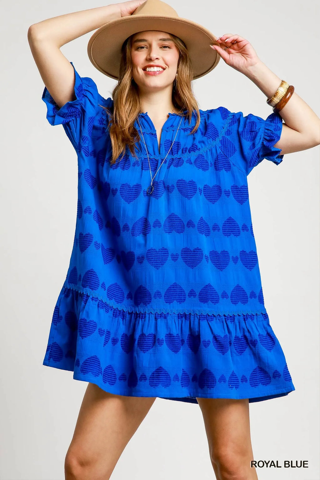 Umgee Babydoll Dress Royal Blue Heart Pattern Short Sleeve Ruffle Royal Blue f4e0e606-bad7-4017-a3e6-9262f15445a4-Max-Origin Trendsi