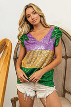 BiBi Womens Blouse Mardi Gras Sequin Color Block Ruffled Top Short Sleeve f4e5bab0513c43048f3978cd362d0c53-Max-Origin Trendsi