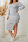 Honey Plus Size Square Neck Long Sleeve Dress with Side Slit
