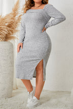 Honey Plus Size Square Neck Long Sleeve Dress with Side Slit