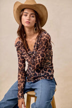 BiBi Women's Shirt Leopard Printed Mesh With Button Up V Neck Long Sleeve f4ef19126a214e80a3c36711f530d1d1-Max-Origin Trendsi