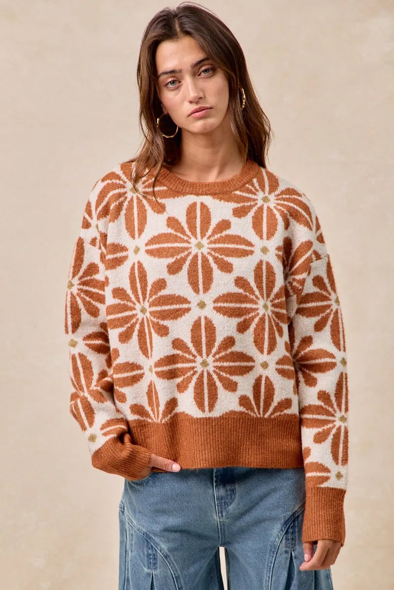 BiBi Sweater Women's Flower Pattern Rust Ivory Long Sleeve Knit Pullover f4ef55c5ad1b4c8891c4a0186e7d2891-Max-Origin Trendsi