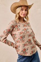 BiBi Womens Blouse Taupe Floral Print Washed Waffle Thermal Top with Thumbs f4f5fee8445a4ef3b78b30c20e32c7c9-Max-Origin Trendsi