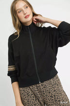 Umgee Womens Cropped Jacket Zipper Up Black with Leopard Trim f5032d2a-adac-4b59-8c8d-41d651847f02-Max-Origin Trendsi