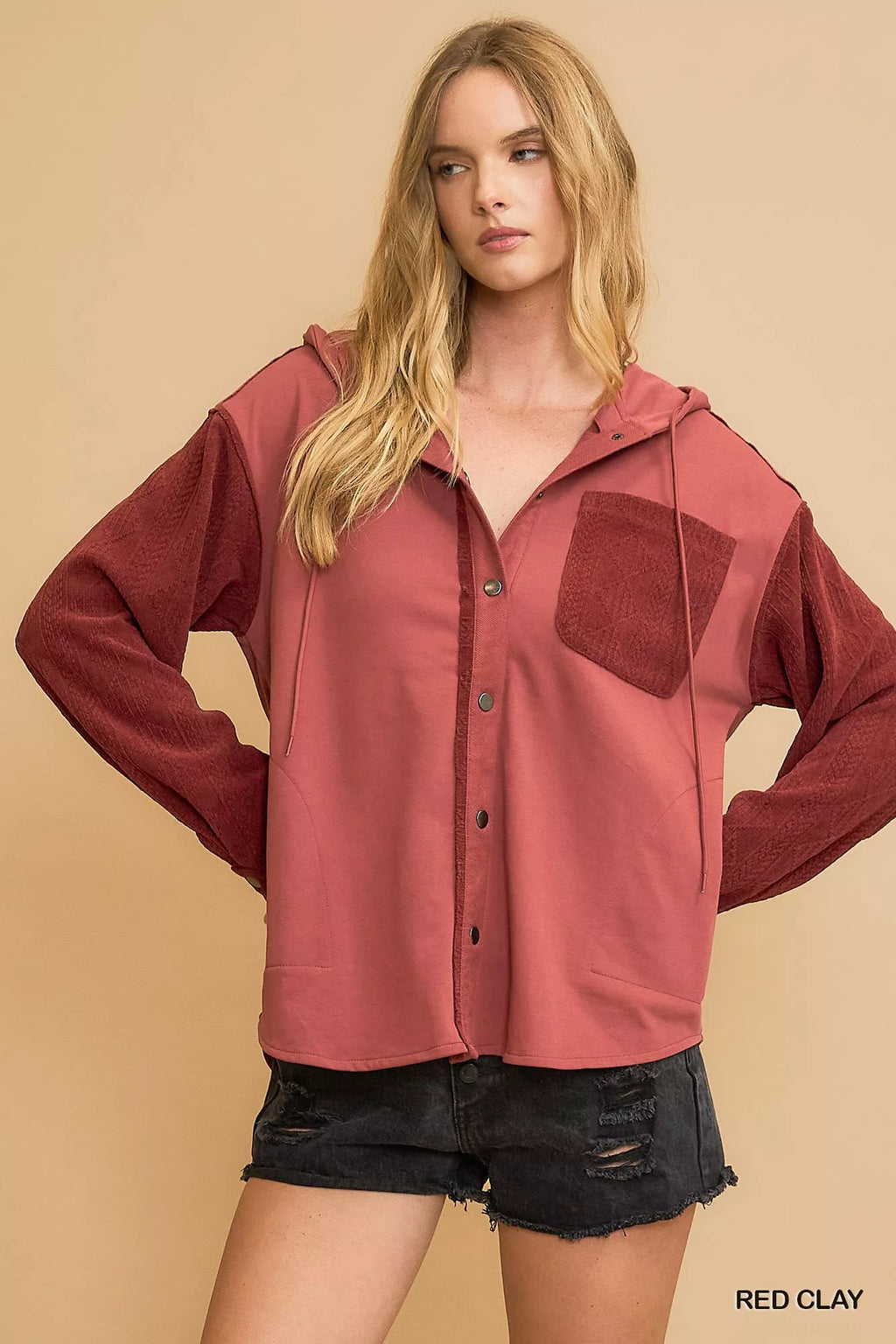 Umgee Womens Shacket Red Washed French Terry Top f50baf49-9524-4ff0-8ece-25d6e18472a8-Max-Origin Trendsi