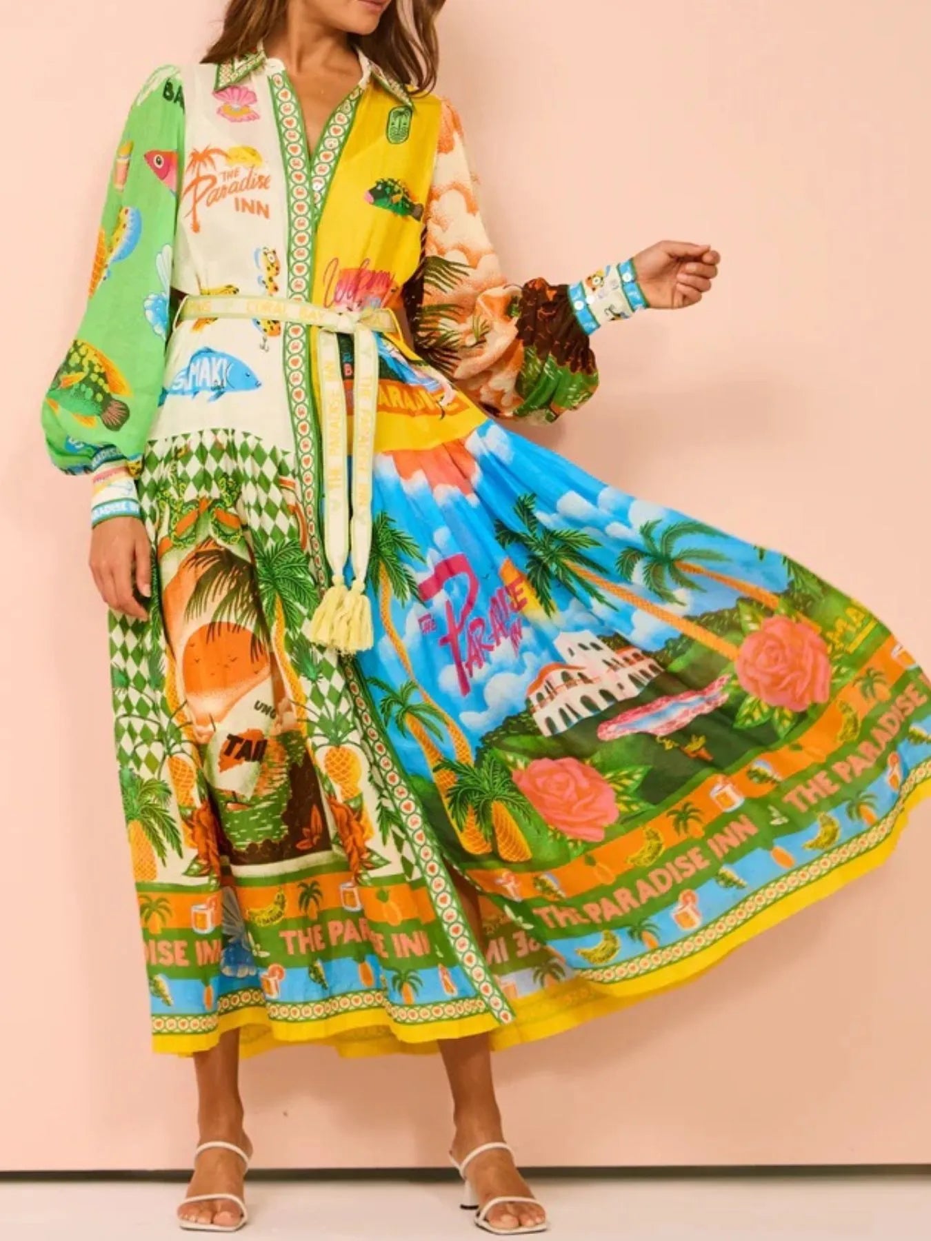 Midi Shirt Dress Multicolor Tropical Printed Lantern Long Sleeve Belted Multicolor f51315fa-881e-4b12-ba0a-53fd09da5bba-Max-Origin Trendsi