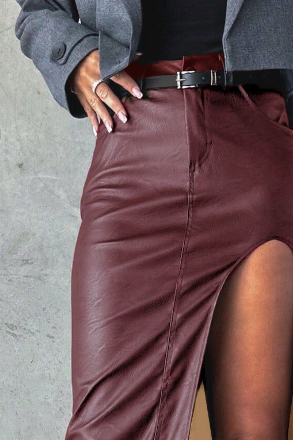 Midi Skirt Women Faux Leather Front Big Slit with Pockets