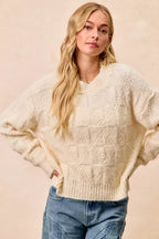 BiBi Womens Sweater Checker Ivory Board Drop Shoulder Knit Pullover f51e3d826d1d420db8ab4cb63a0d4370-Max-Origin Trendsi