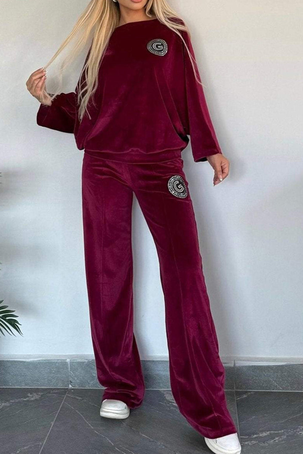 Outfit Set Women Velvet Full Size Boat Neck Long Sleeve Top and Pants Set 5XL