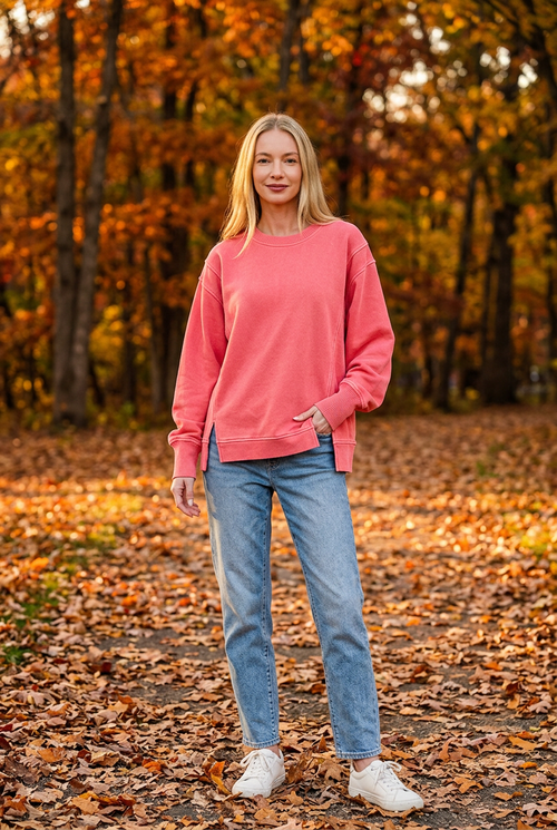 Zenana Women's Ruby Pigment-Dyed Exposed-Seam Fleece Sweatshirt