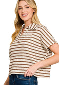 Zenana Blouse Brown Striped Split Neck Collared Top BROWN f528d14dc8474f20984b0587eb3fdfef-Max-Origin Trendsi