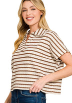 Zenana Blouse Brown Striped Split Neck Collared Top BROWN f528d14dc8474f20984b0587eb3fdfef-Max-Origin Trendsi