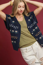 Umgee Womens Knit Vest with Floral Pattern Midnight Blue Buttoned Sweater f5397f72-58c4-4f69-b300-23a59ddd8b85-Max-Origin Trendsi