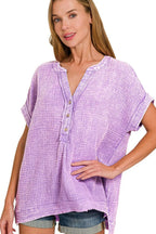 Zenana T-shirt Lavender Washed Double Gauze 3/4 Button Henley Neck Shirt f53c314d-7d8e-404c-bfe2-044231a6e64f-Max-Origin Trendsi