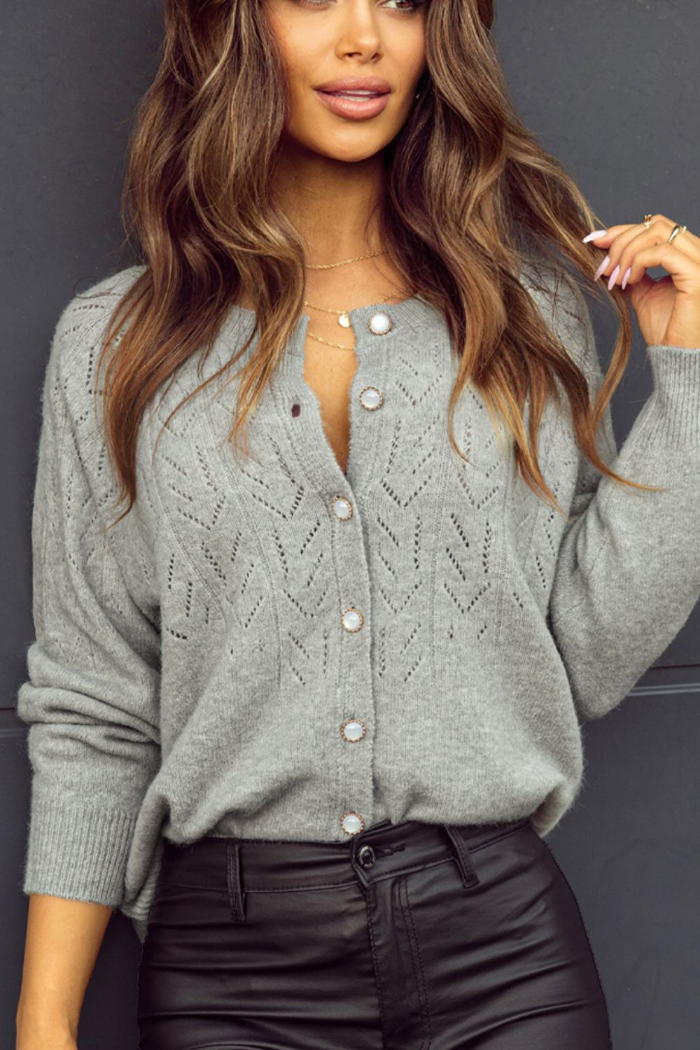 Gray Cardigan Woolen Blend Openwork Button Down Long Sleeve Knitwear f53f748d-27e8-46fa-be62-cc610eca32b6-Max Trendsi