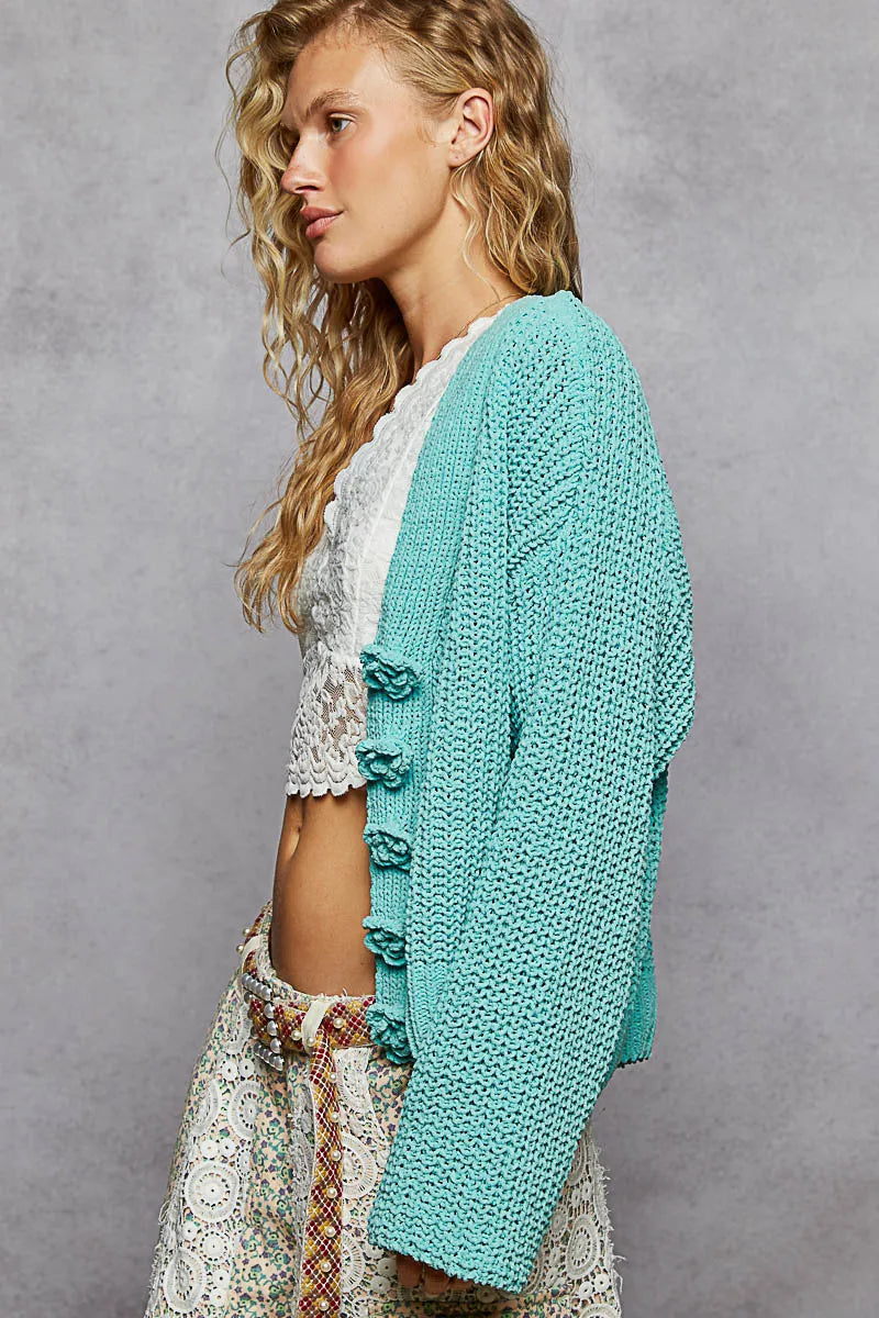 POL Cardigan Knit Aqua V-Neck Long Sleeve with Exaggerated Flower Buttons f54e33ac-ffd9-4448-ad23-f7564cda4082-Max-Origin Trendsi