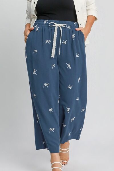 Umgee Linen Blend Pants Bow Embroidered Plus Sizes Blue Drawstring Wide Leg