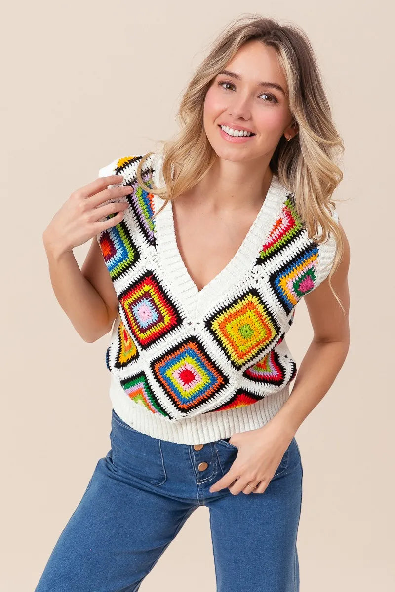 BiBi Sweater Vest Ivory Diamond Granny Multicolor Square Ribbed Knit Top f55126eaf321452a995c75ef1402bdf1-Max-Origin Trendsi