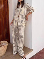 Cactus Print Button-Up Shirt and Pants Two-Piece Set