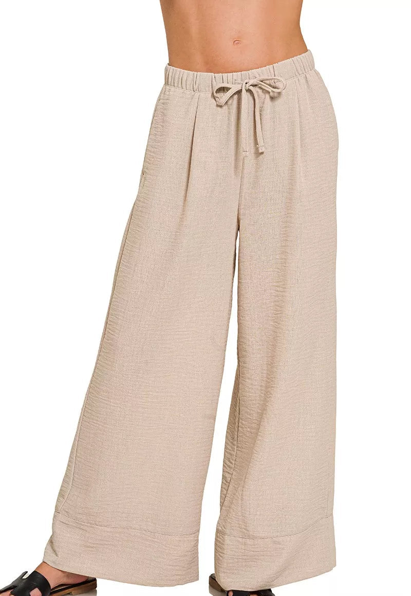 Zenana Woven Pants Ash Mocha Airflow Drawstring with Pockets ASH MOCHA f5520c8a635b4799bd6fd20fc0aee01a-Max-Origin Trendsi