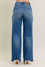 Judy Blue Jeans High Waist Tummy Control Chew Hem Destroy Wide Denims f55bde50fac84a638b2256aae7363557-Max-Origin Trendsi