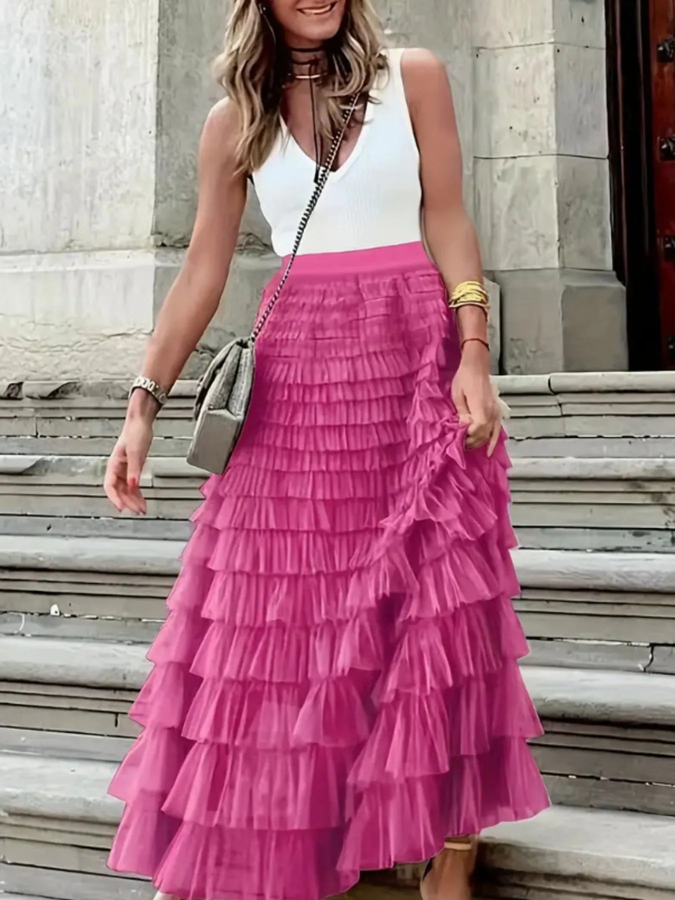 Ruffle Maxi Skirt Layered Mesh Tiered Elastic Waist f55de738e19a4e1883e962564a216029-Max-Origin Trendsi